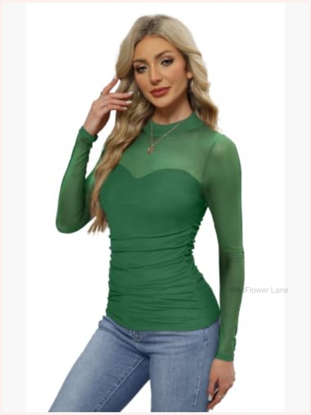 Sexy Mesh Long Sleeve Turtleneck Sheer Ruched Going Out Top Blouse - Picture 4 of 5